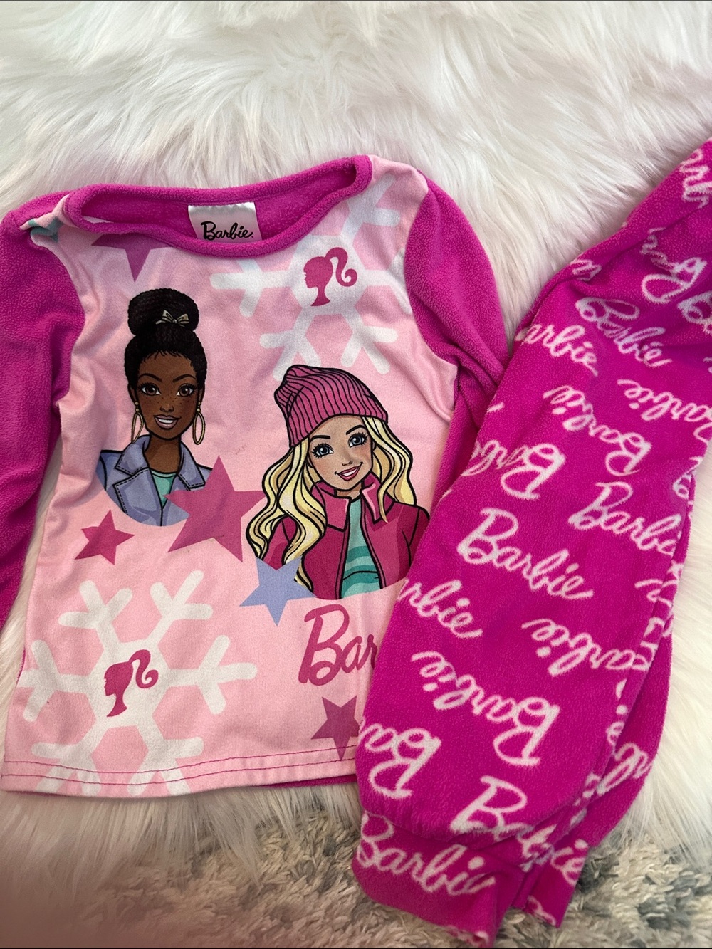 Barbie Pink Girls' Fleece Pajama Set with Graphic Dolls